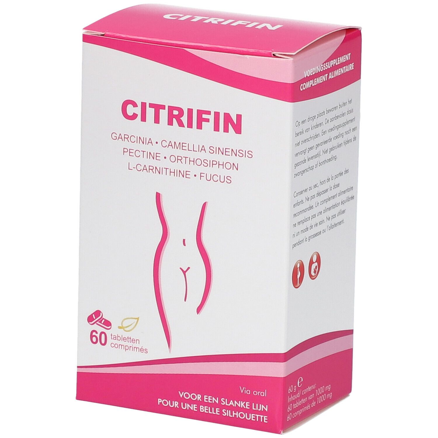 Boîte de Citrifin. Rose et blanc. Contient 60 comprimés. Inscriptions: Citrifin, Garcinia, Camellia Sinensis, Pectine, Orthosiphon, L-Carnitine, Fucus.