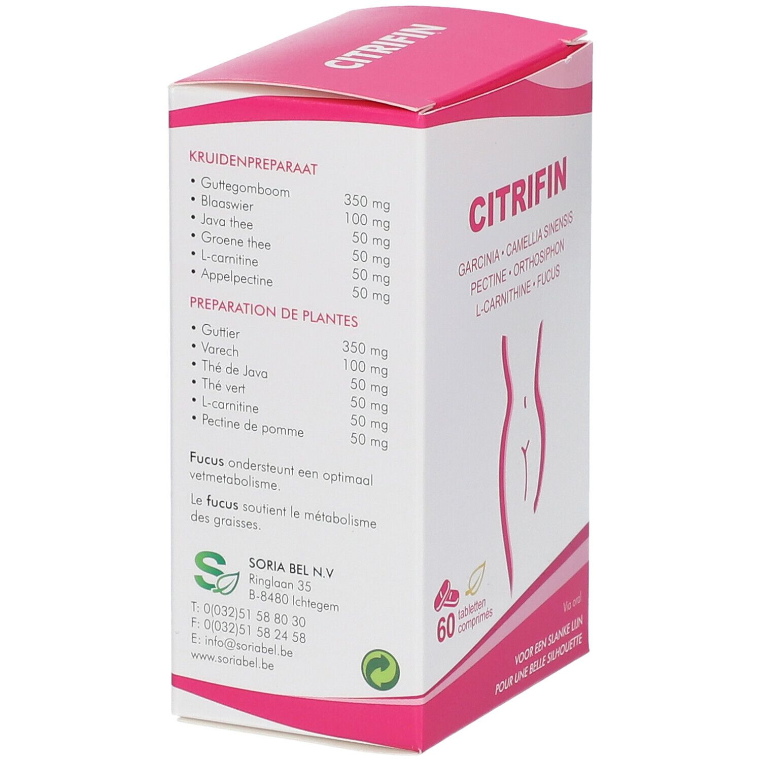 Boîte de Citrifin. Inscriptions: Citrifin, Garcinia, Camellia Sinensis, Pectine, Orthosiphon, L-Carnitine, Fucus. Ingrédients et dosage.