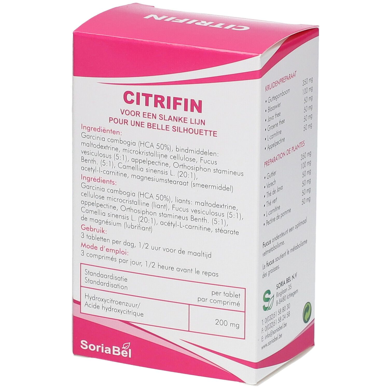 Boîte de Citrifin. Arrière avec ingrédients et dosage. Inscription: Citrifin, pour une silhouette affinée. Logo SoriaBel.