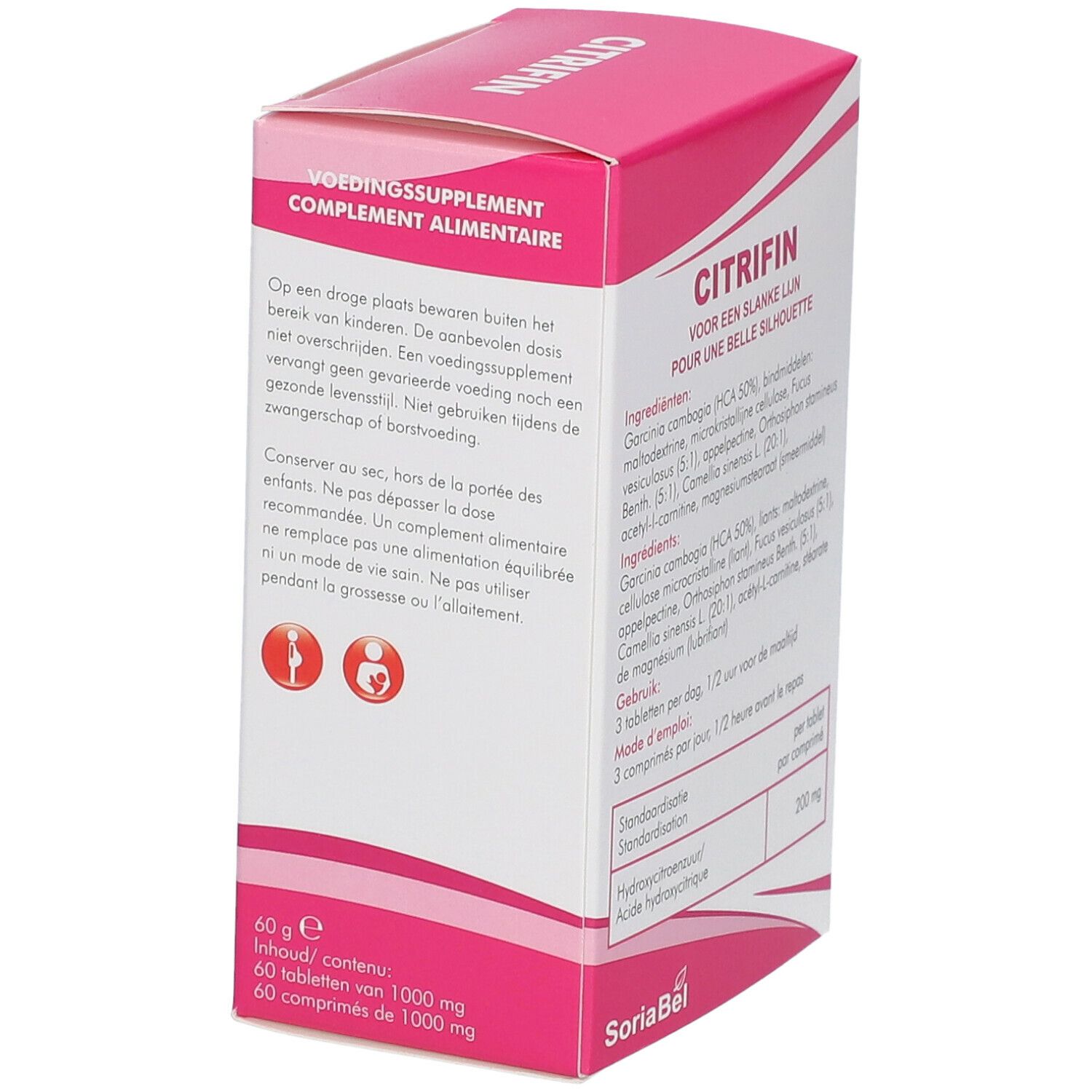 Boîte de Citrifin. Côté avec informations nutritionnelles et avertissements. Inscription: Citrifin, pour une silhouette affinée. Logo SoriaBel.