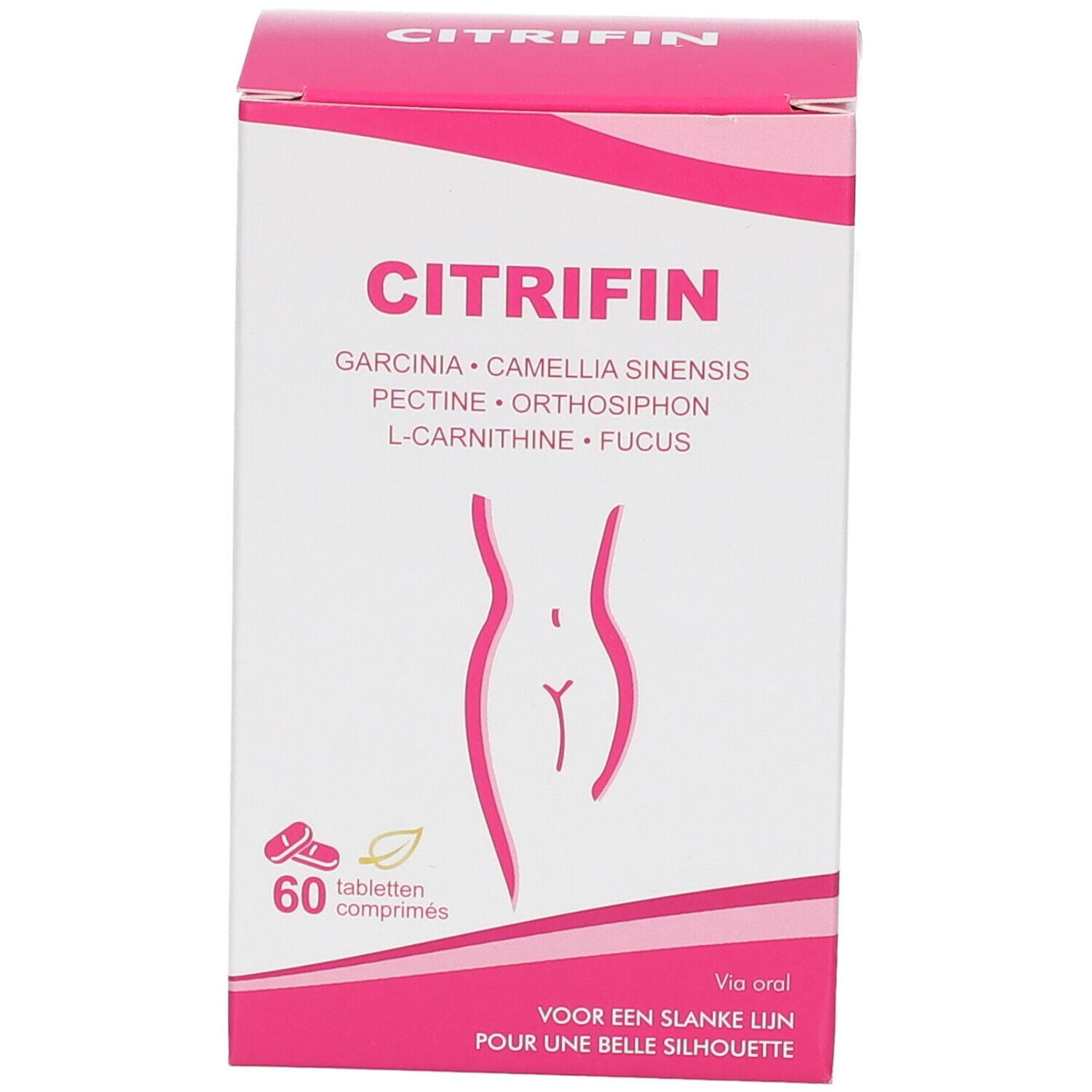 Boîte de Citrifin. Rose et blanc. Contient 60 comprimés. Inscriptions: Citrifin, Garcinia, Camellia Sinensis, Pectine, Orthosiphon, L-Carnitine, Fucus.