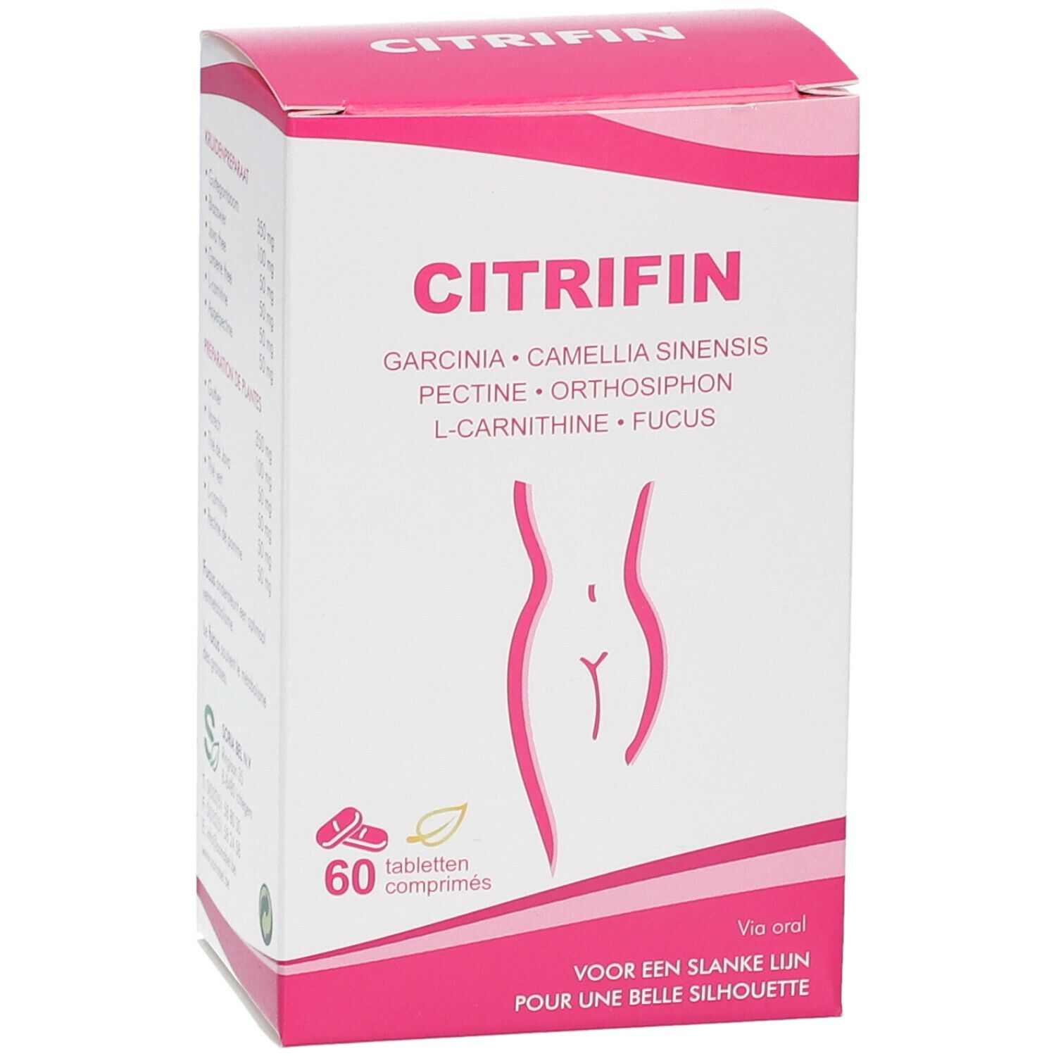 Boîte de Citrifin. Rose et blanc. Contient 60 comprimés. Inscriptions: Citrifin, Garcinia, Camellia Sinensis, Pectine, Orthosiphon, L-Carnitine, Fucus.