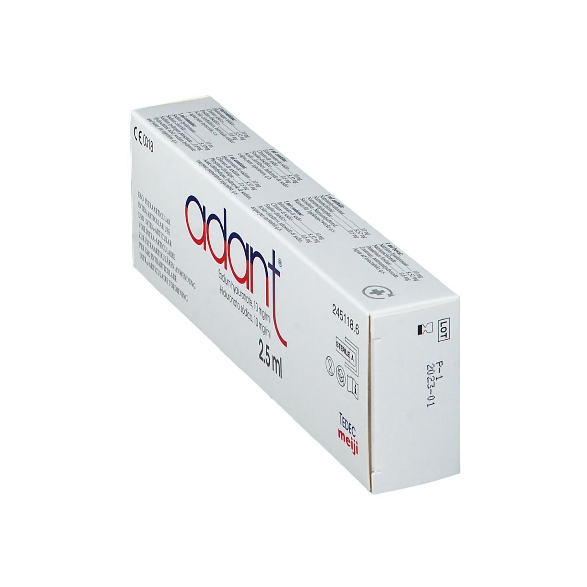 Weiße Schachtel mit rotem und blauem "adant"-Logo. Text: Sodium hyaluronate 10 mg/ml, 2.5 ml. Aufschrift: USO INTRA-ARTICULAR.