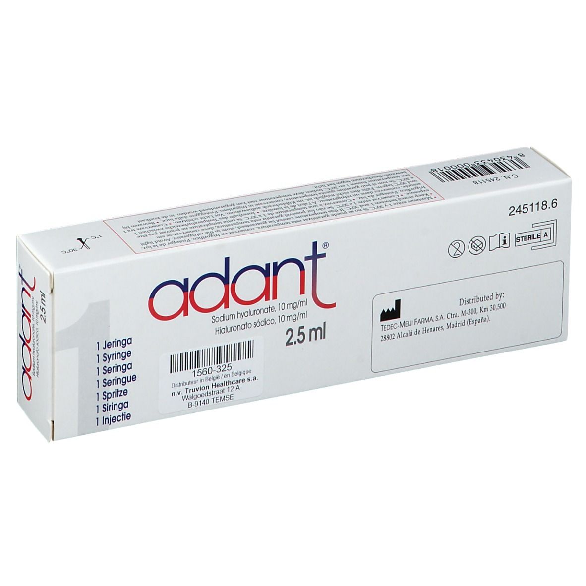 Weiße Schachtel mit rotem und blauem "adant"-Logo. Text: Sodium hyaluronate 10 mg/ml, 2.5 ml. Aufschrift: USO INTRA-ARTICULAR. Enthält 1 Spritze.