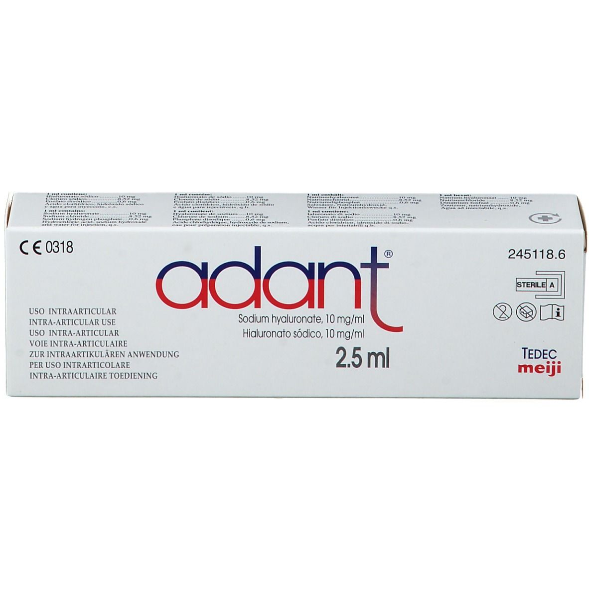 Weiße Schachtel mit rotem und blauem "adant"-Logo. Text: Sodium hyaluronate 10 mg/ml, 2.5 ml. Aufschrift: USO INTRA-ARTICULAR.