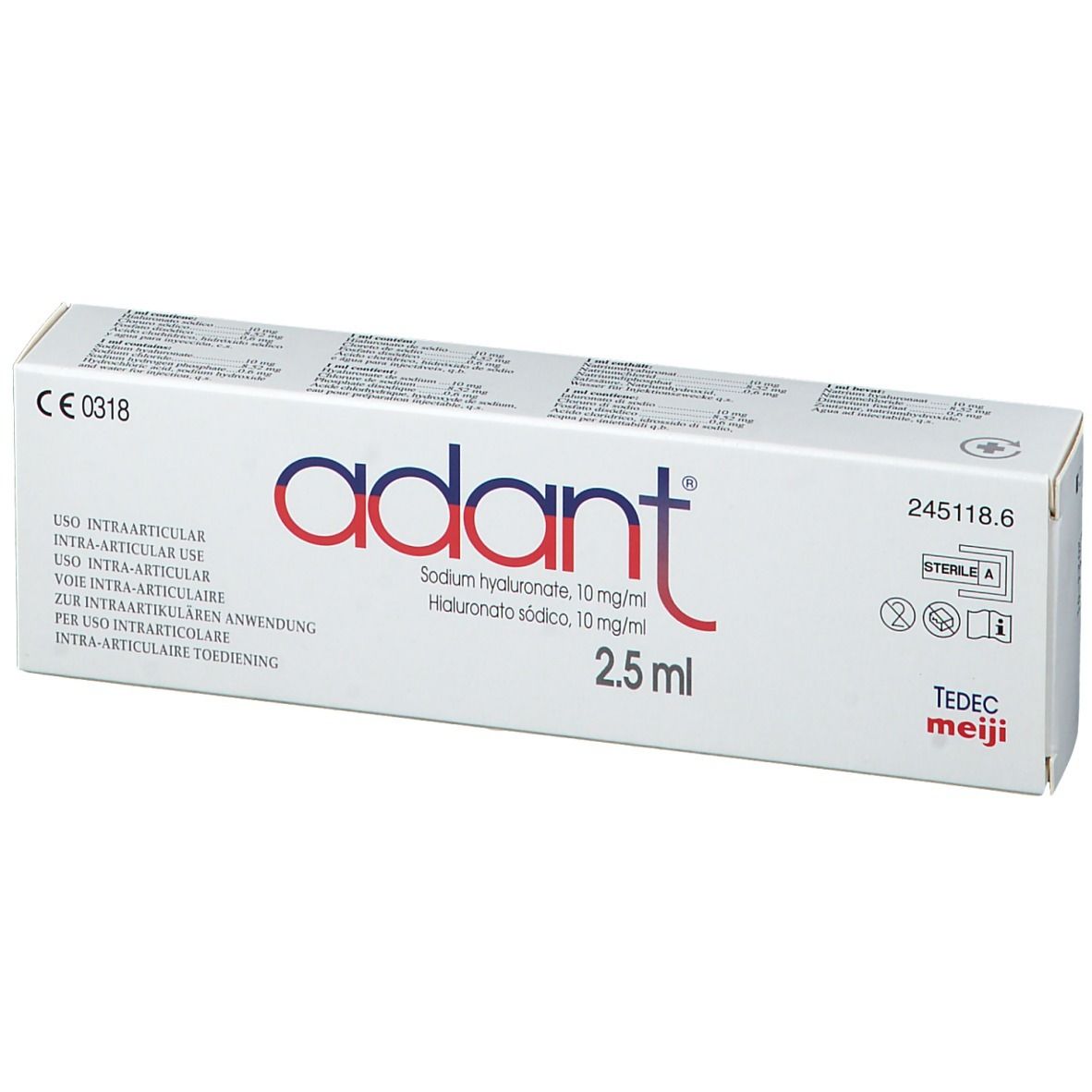 Weiße Schachtel mit rotem und blauem "adant"-Logo. Text: Sodium hyaluronate 10 mg/ml, 2.5 ml. Aufschrift: USO INTRA-ARTICULAR.