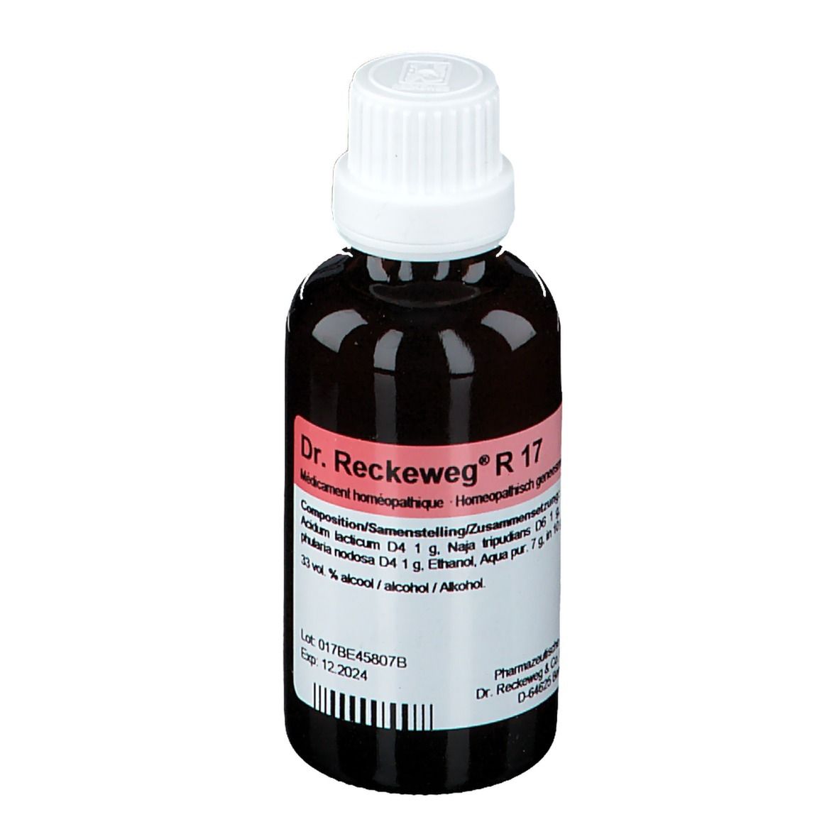 Flacon en verre brun avec bouchon blanc. Étiquette avec informations produit: Dr. Reckeweg R 17. Médicament homéopathique.