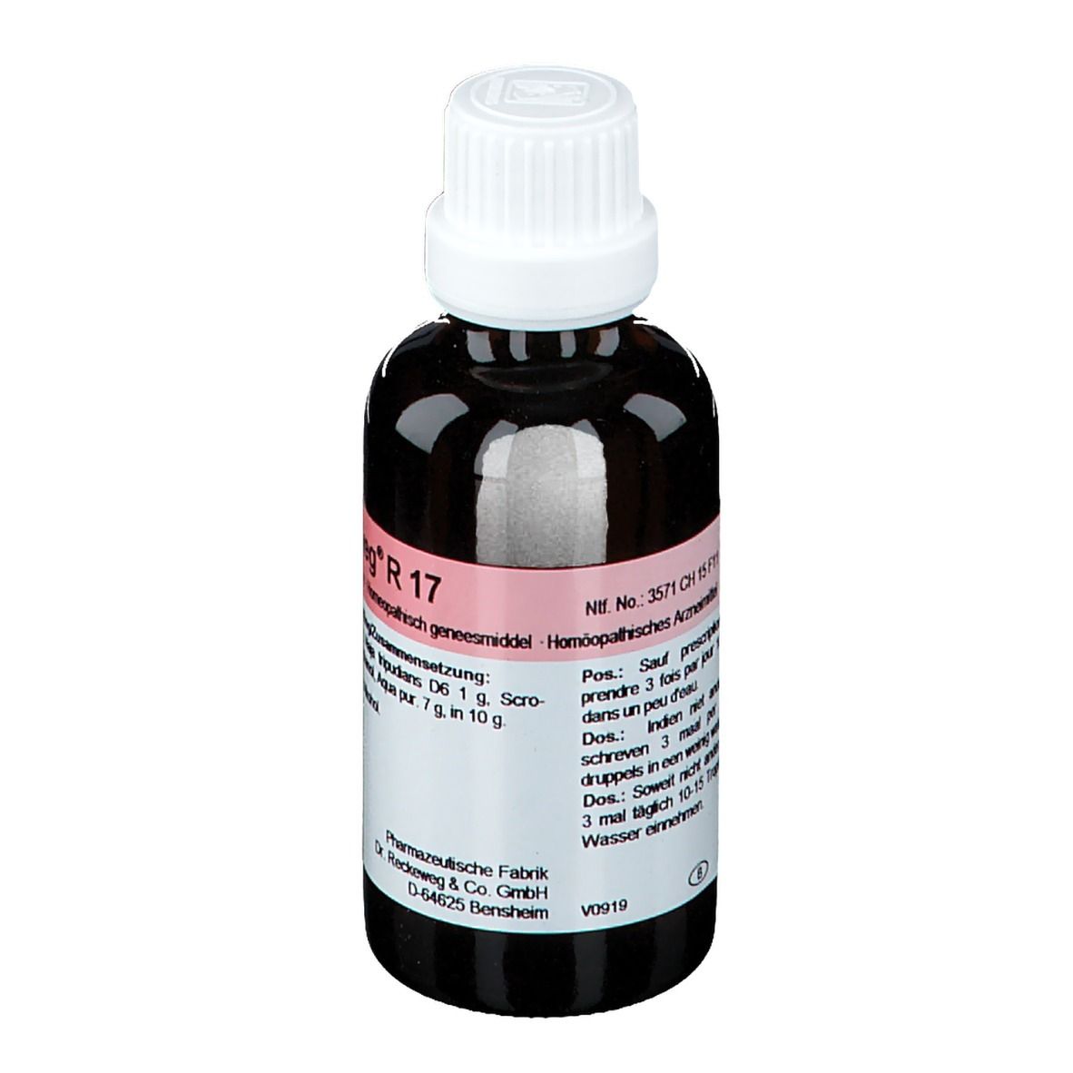 Flacon en verre brun avec bouchon blanc. Étiquette avec informations produit: Dr. Reckeweg R 17. Médicament homéopathique.