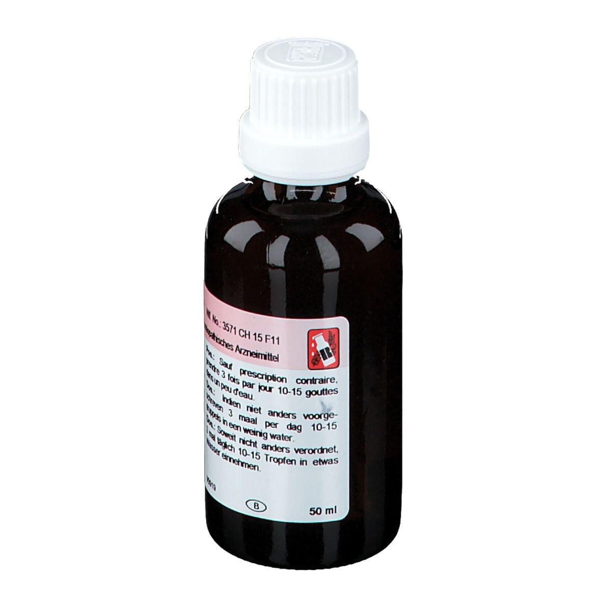 Flacon en verre brun avec bouchon blanc. Étiquette avec informations produit: Dr. Reckeweg R 17. Médicament homéopathique.