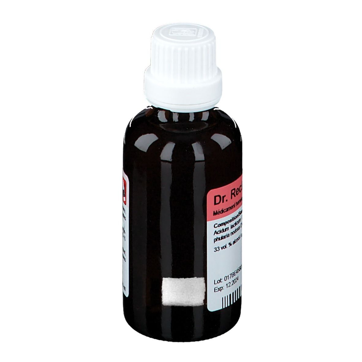 Flacon en verre brun avec bouchon blanc. Étiquette avec informations produit: Dr. Reckeweg R 17. Médicament homéopathique.