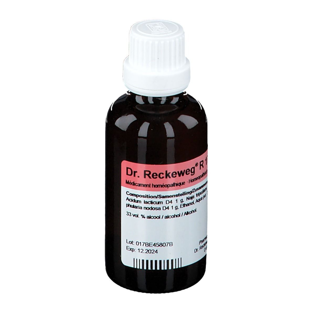 Flacon en verre brun avec bouchon blanc. Étiquette avec informations produit: Dr. Reckeweg R 17. Médicament homéopathique.