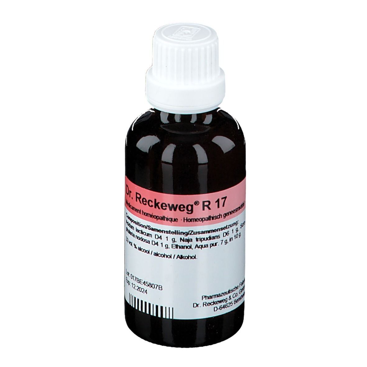 Flacon en verre brun avec bouchon blanc. Étiquette avec informations produit: Dr. Reckeweg R 17. Médicament homéopathique.