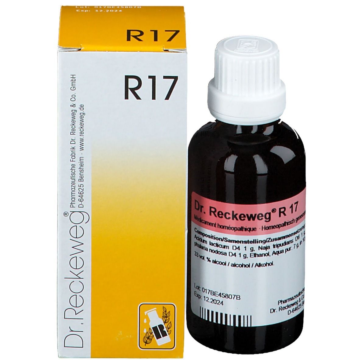 Flacon en verre brun avec bouchon blanc et emballage jaune. Inscription: R 17. Dr. Reckeweg. Médicament homéopathique.