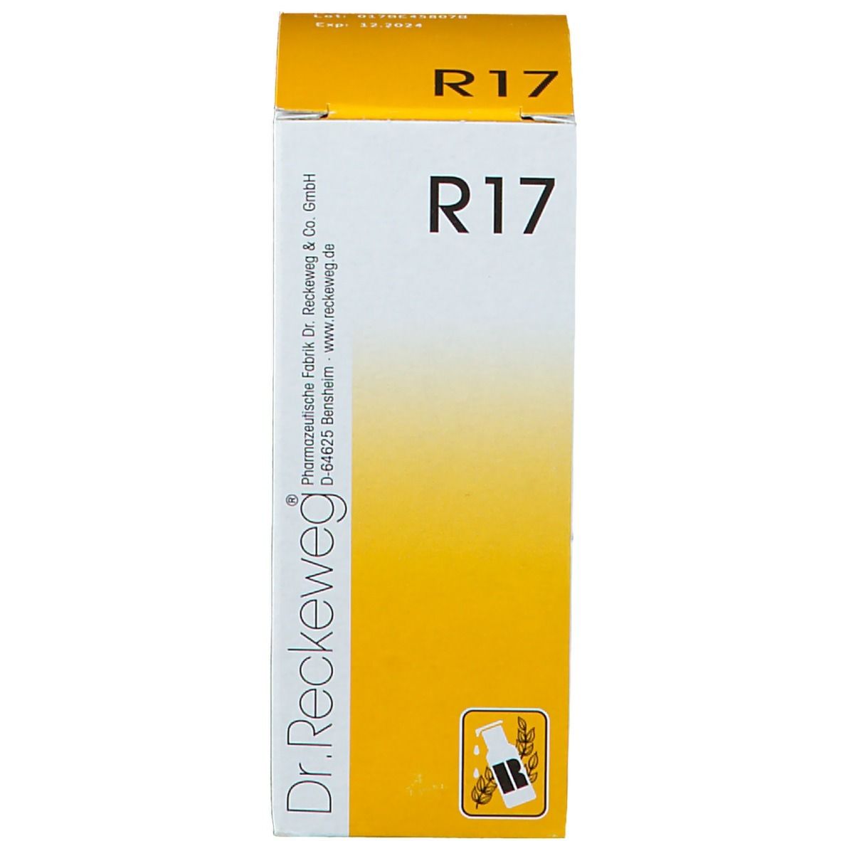 Emballage jaune avec inscription R 17. Dr. Reckeweg. Médicament homéopathique. Flacon non inclus.