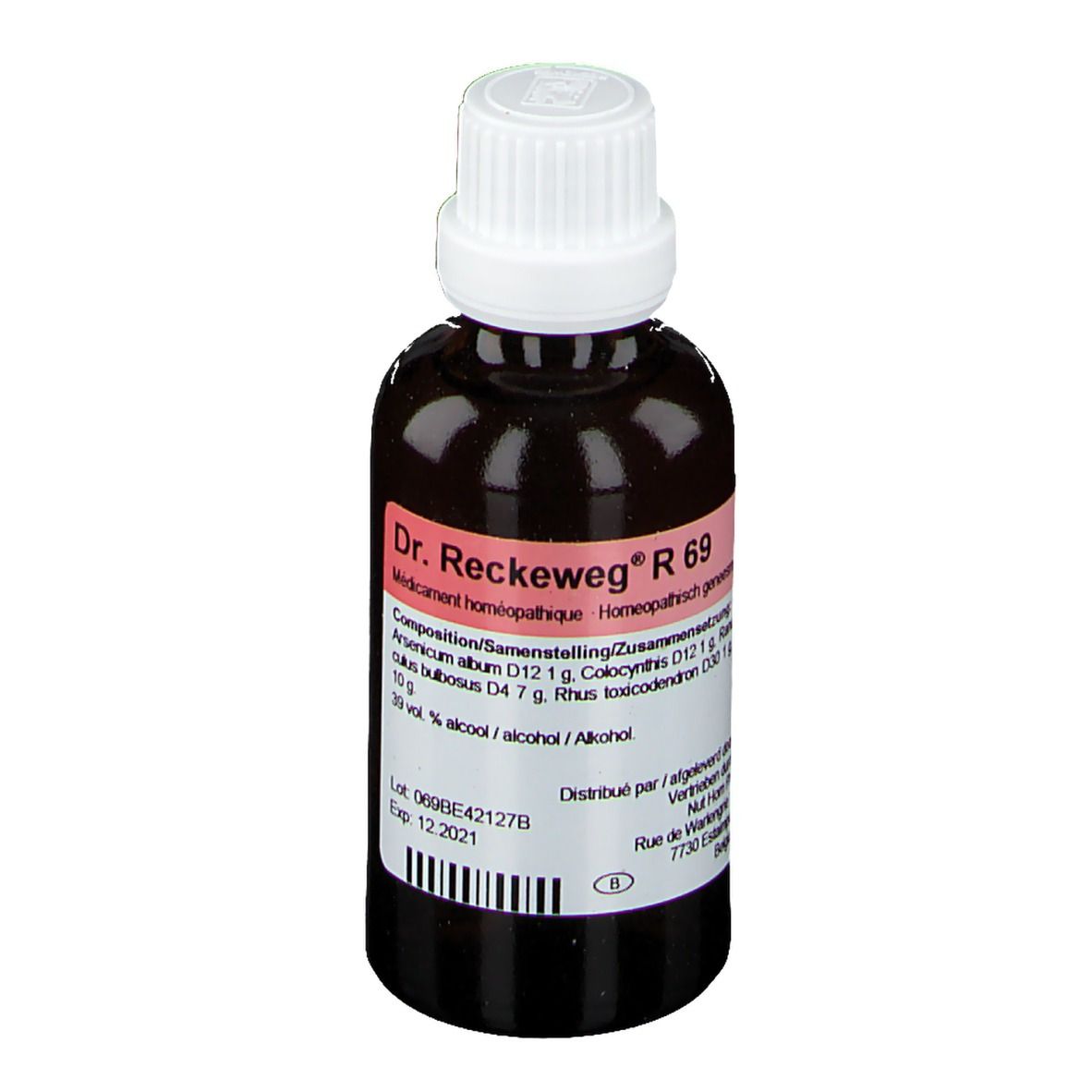 Flacon en verre brun avec bouchon blanc. Étiquette avec informations produit. Inscription: Dr. Reckeweg R 69.