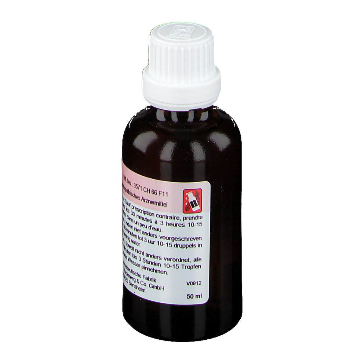 Flacon en verre brun avec bouchon blanc. Étiquette avec informations produit. Inscription: Dr. Reckeweg R 69.