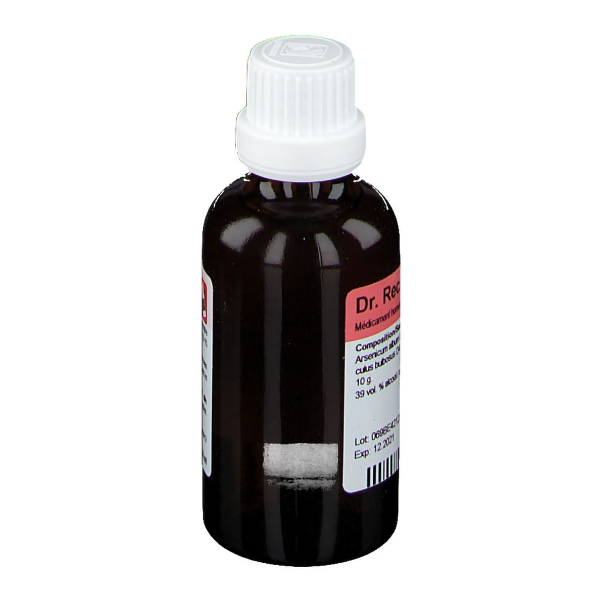 Flacon en verre brun avec bouchon blanc. Étiquette avec informations produit. Inscription: Dr. Reckeweg R 69.