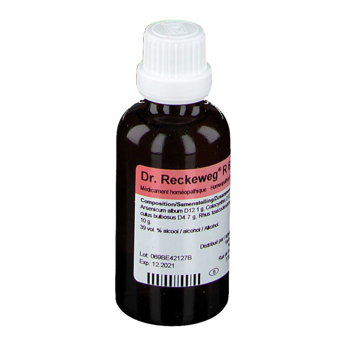 Flacon en verre brun avec bouchon blanc. Étiquette avec informations produit. Inscription: Dr. Reckeweg R 69.