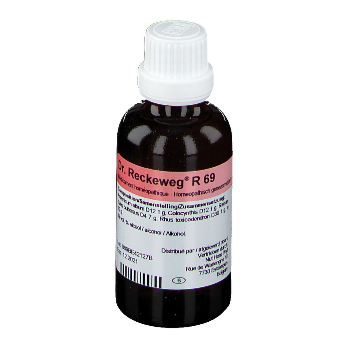 Flacon en verre brun avec bouchon blanc. Étiquette avec informations produit. Inscription: Dr. Reckeweg R 69.