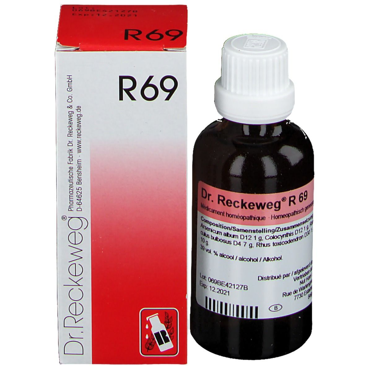 Emballage du produit avec flacon. Boîte rouge et blanche avec inscription R69 et Dr. Reckeweg.