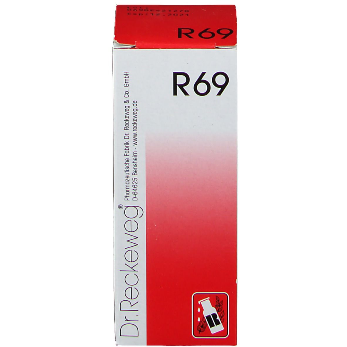 Emballage du produit rouge et blanc. Inscription R69 et Dr. Reckeweg.