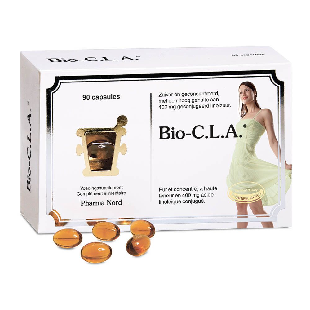 Witte doos "Bio-C.L.A." met 90 capsules en capsules ernaast. Pharma Nord.