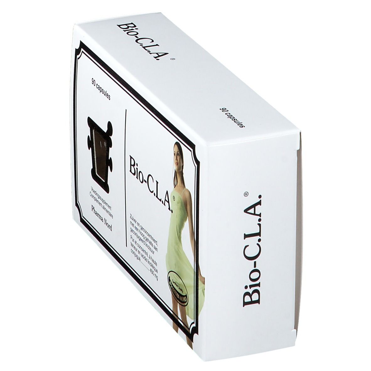 Schachtel "Bio-C.L.A." mit 90 Kapseln. Seitenansicht. Logo und Text. Frau in grünem Kleid.