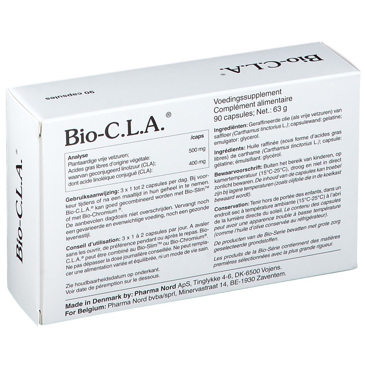 Weiße Schachtel "Bio-C.L.A." mit Text und Inhaltsangaben. 90 Kapseln. Pharma Nord.