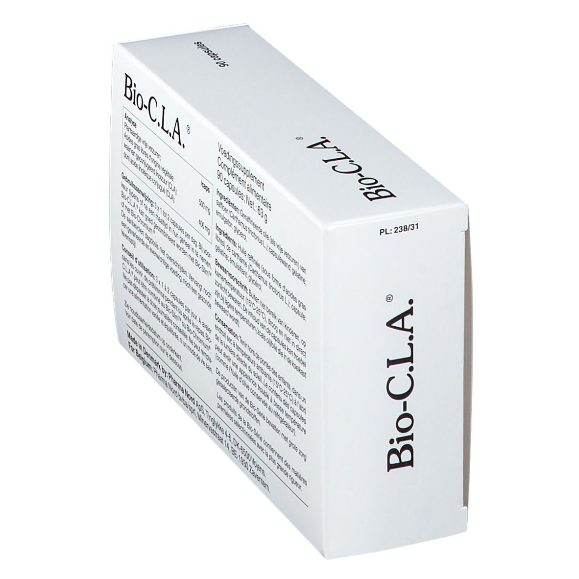 Schachtel "Bio-C.L.A." mit Text und Inhaltsangaben. 90 Kapseln. Seitenansicht.
