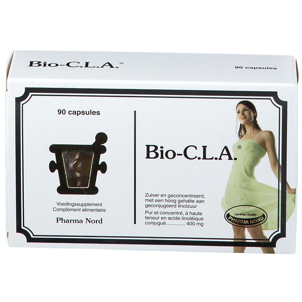 Weiße Schachtel "Bio-C.L.A." mit 90 Kapseln. Abbildung einer Frau. Pharma Nord Logo.