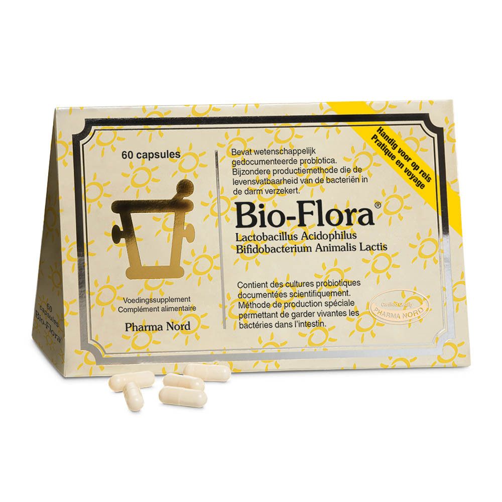 Boîte de Bio-Flora. 60 gélules. Boîte jaune avec nom et logo. Quelques gélules à côté.