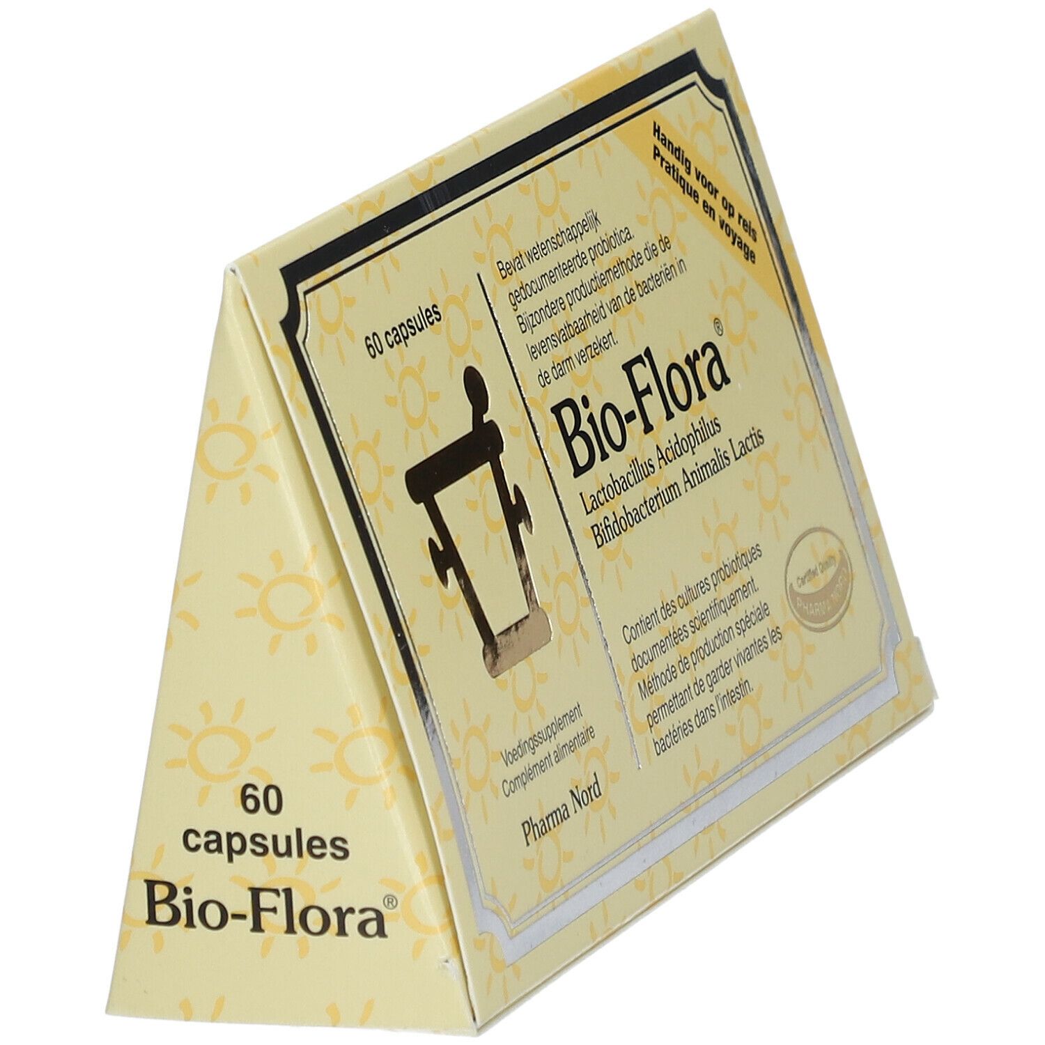 Bio-Flora-Verpackung. 60 Kapseln. Gelbe Schachtel mit Produktnamen und Logo. Schräg gestellt.