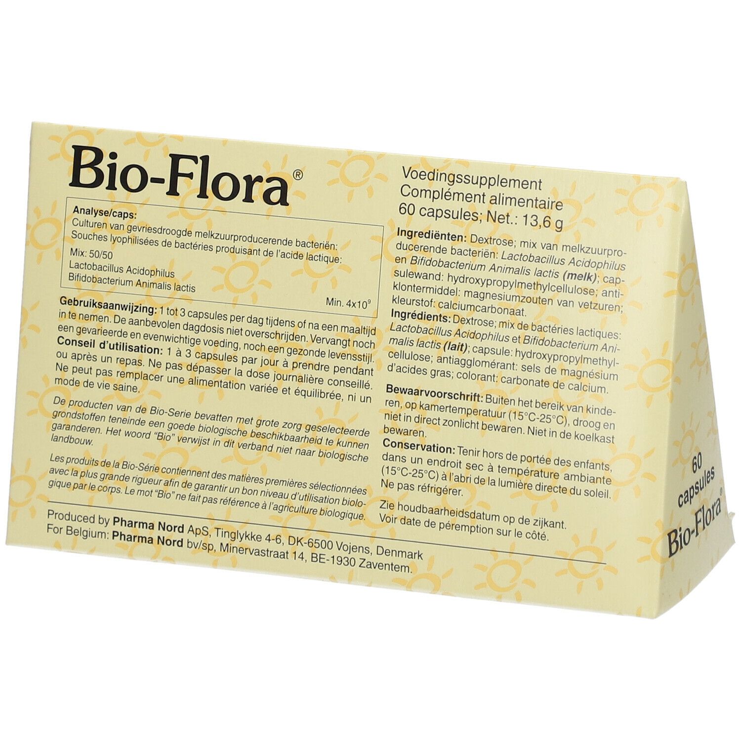 Bio-Flora-Verpackung. 60 Kapseln. Gelbe Schachtel mit Produktnamen und Logo. Rückseite mit Inhaltsangaben.