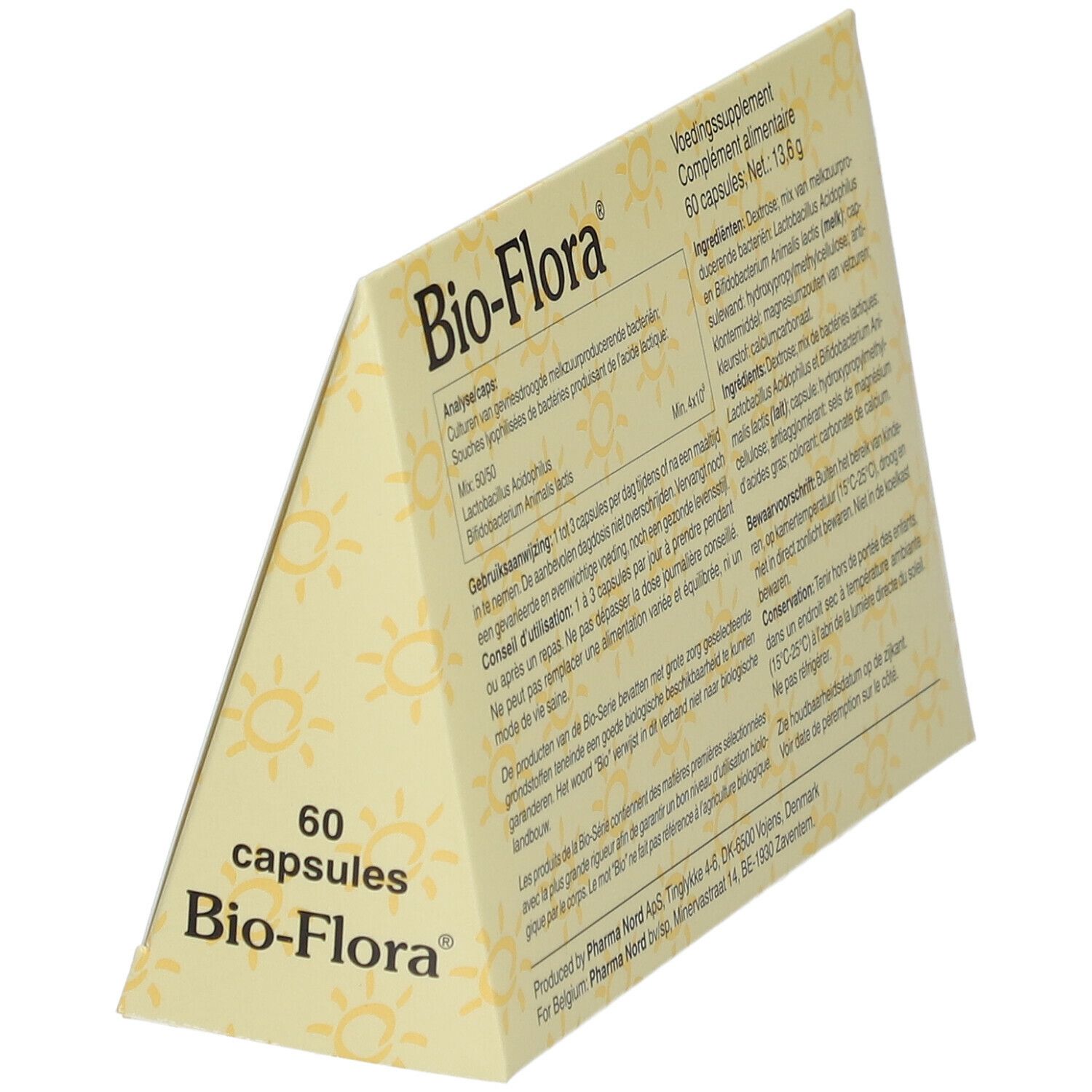 Bio-Flora-Verpackung. 60 Kapseln. Gelbe Schachtel mit Produktnamen und Logo. Schräg gestellt, Rückseite.
