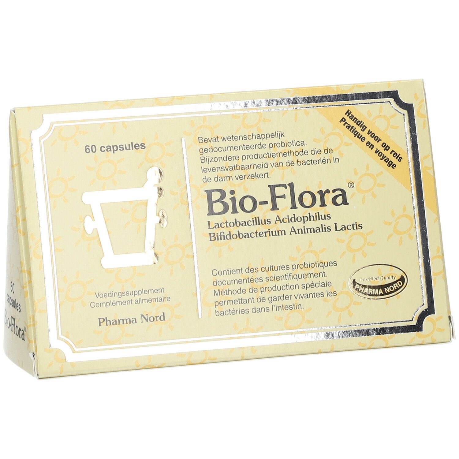 Bio-Flora-Verpackung. 60 Kapseln. Gelbe Schachtel mit Produktnamen und Logo. Schräg gestellt.