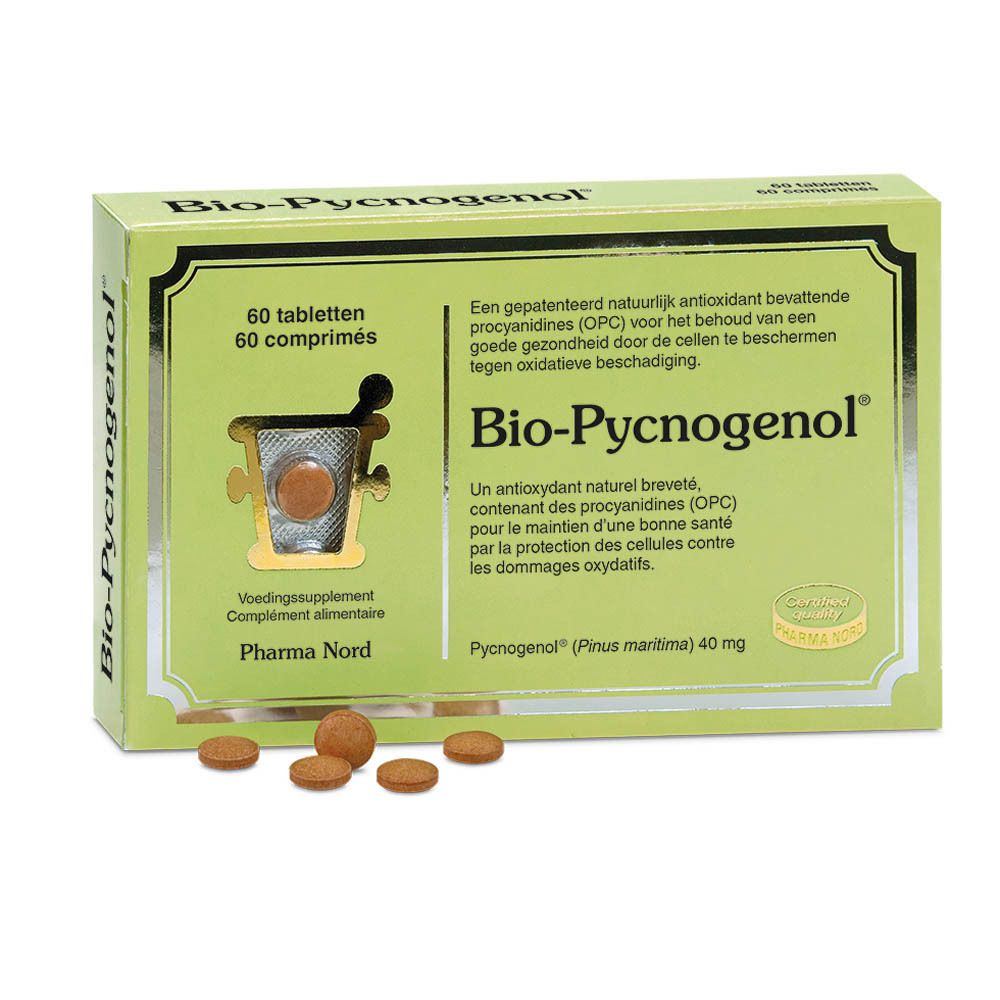 Tabletten naast geopende doos "Bio-Pycnogenol". 60 tabletten. Pharma Nord logo.