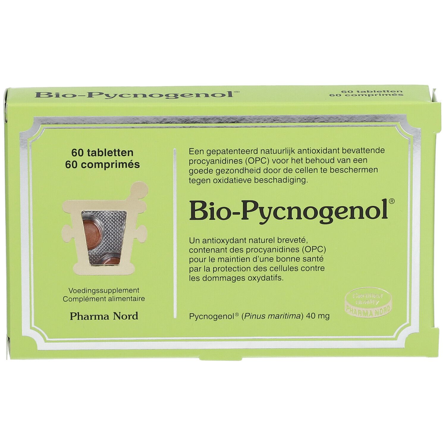 Groene doos "Bio-Pycnogenol" met 60 tabletten. Pharma Nord logo en tekst.