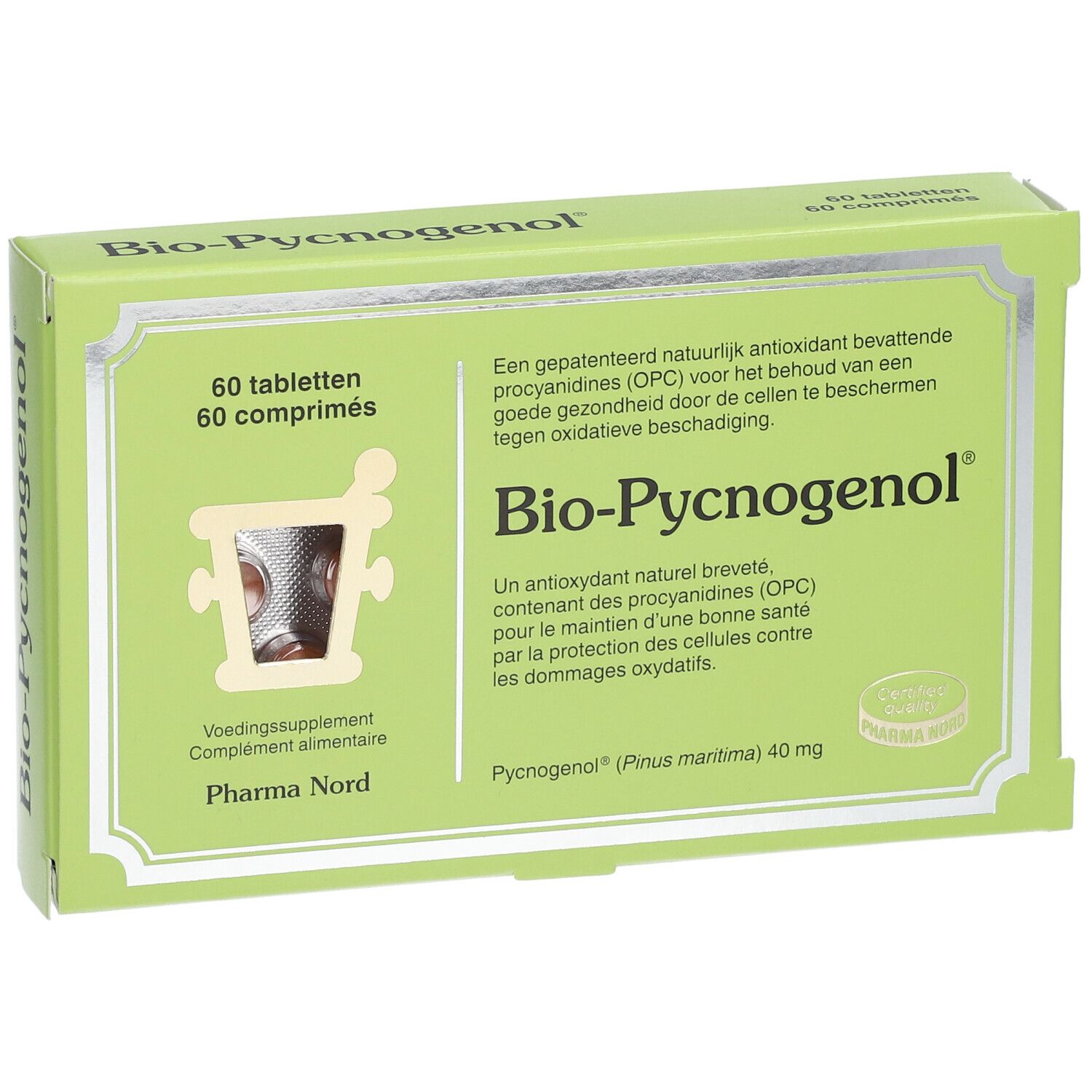 Groene doos "Bio-Pycnogenol" met 60 tabletten. Pharma Nord logo en tekst.