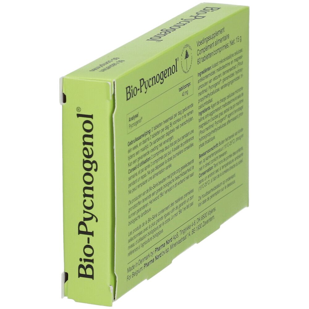 Achterkant van de doos "Bio-Pycnogenol". Ingrediënten, dosering en informatie in het Nederlands.