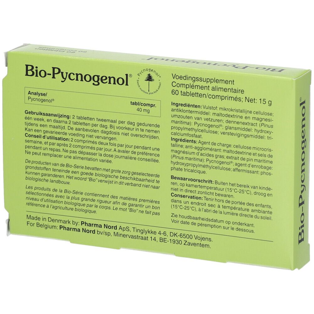 Achterkant van de doos "Bio-Pycnogenol". Ingrediënten, dosering en informatie in het Nederlands.