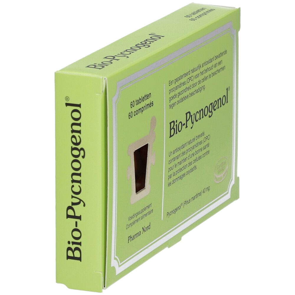 Groene doos "Bio-Pycnogenol". 60 tabletten. Tekst en logo Pharma Nord. Schuine weergave.