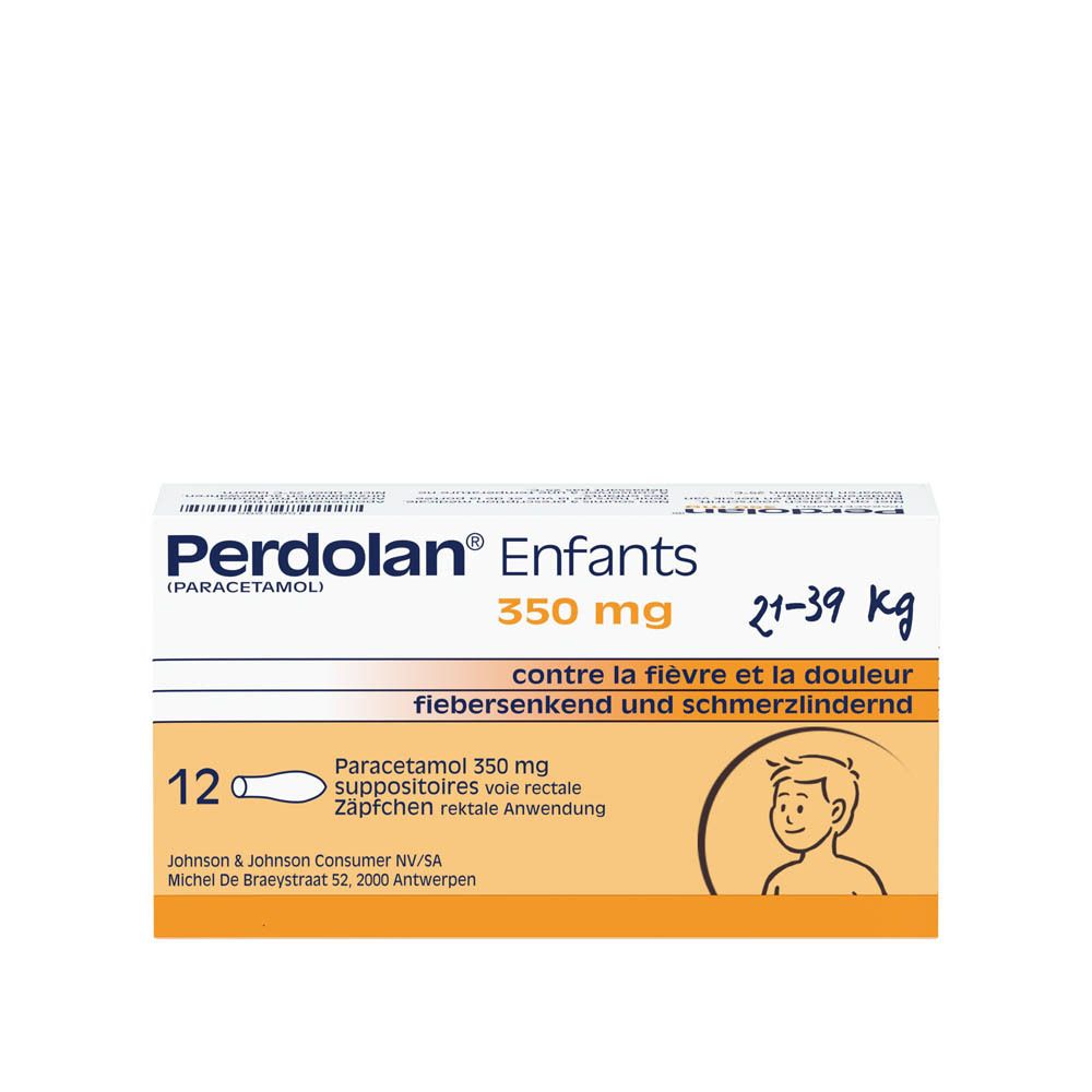 Boîte de Perdolan Enfants, 350 mg suppositoires. 12 unités. Pour enfants de 21-39 kg.