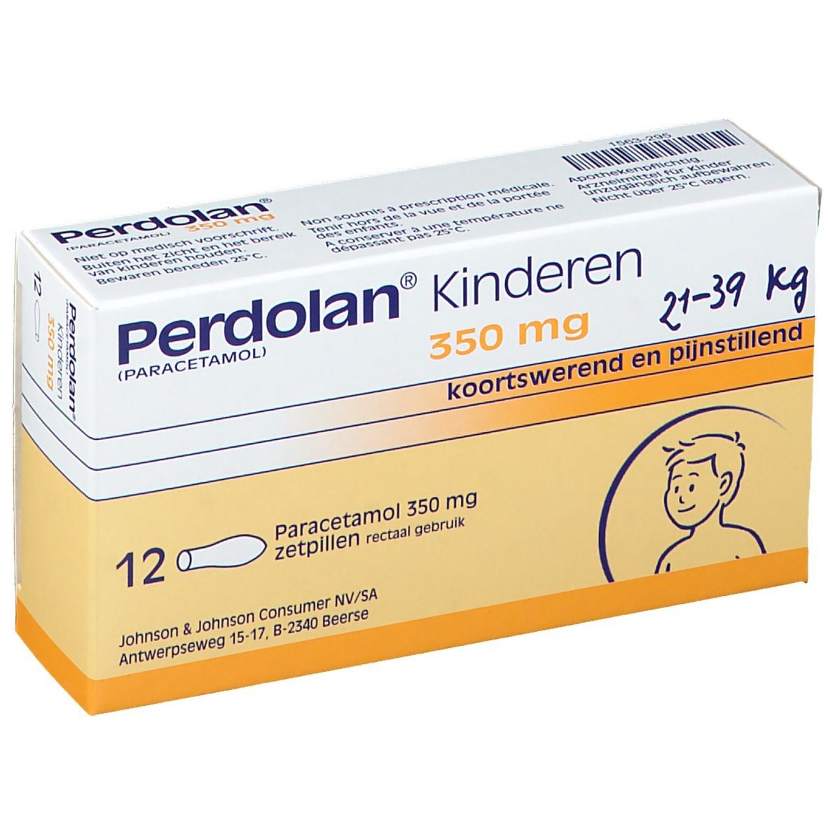 Boîte de Perdolan Kinderen, 350 mg suppositoires. 12 unités. Pour enfants de 21-39 kg.