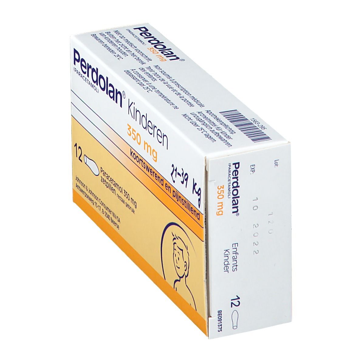 Boîte Perdolan Kinderen, 350 mg. 12 suppositoires. Pour enfants 21-39 kg. Vue latérale.