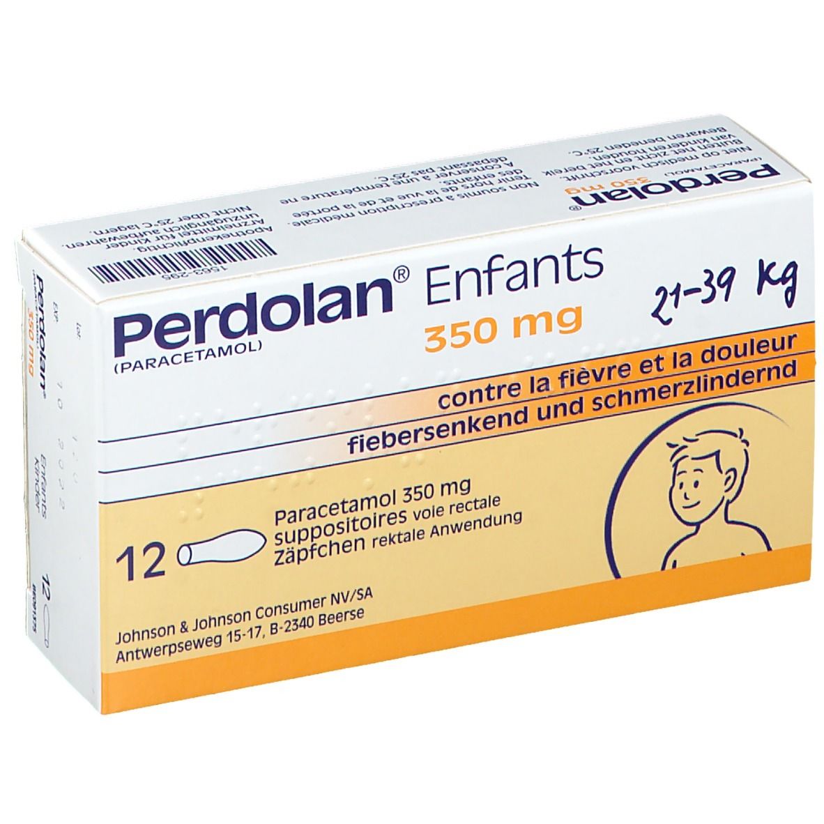 Boîte de Perdolan Enfants, 350 mg suppositoires. 12 unités. Pour enfants de 21-39 kg.
