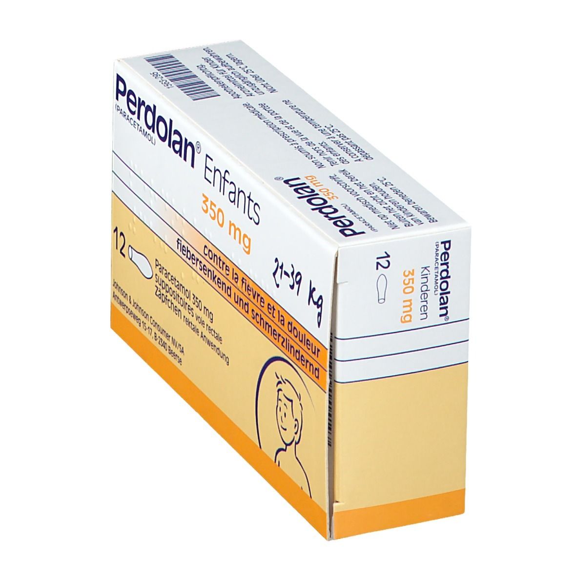 Boîte Perdolan Enfants, 350 mg. 12 suppositoires. Pour enfants 21-39 kg. Vue latérale.