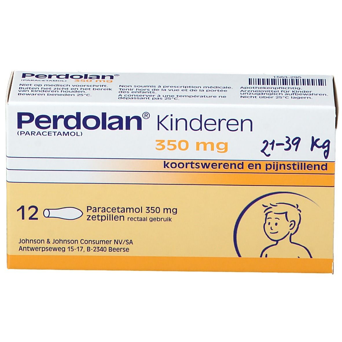 Boîte de Perdolan Kinderen, 350 mg suppositoires. 12 unités. Pour enfants de 21-39 kg.