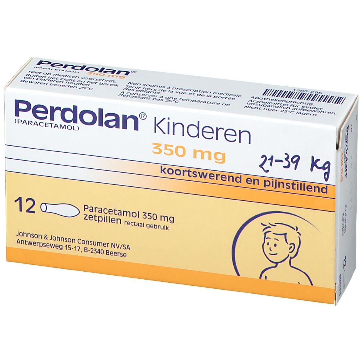 Boîte de Perdolan Kinderen, 350 mg suppositoires. 12 unités. Pour enfants de 21-39 kg.
