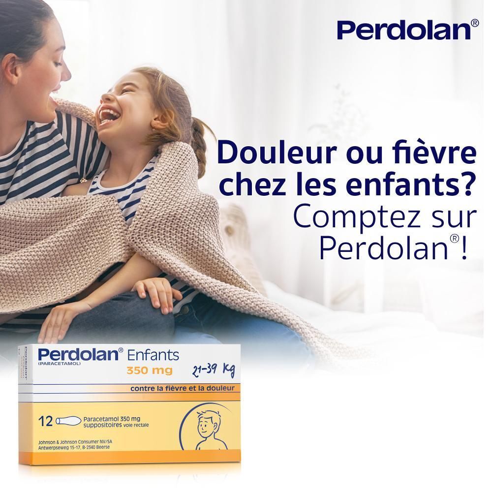 Image d'une mère et d'un enfant. Texte : Douleur ou fièvre chez les enfants ? Comptez sur Perdolan !