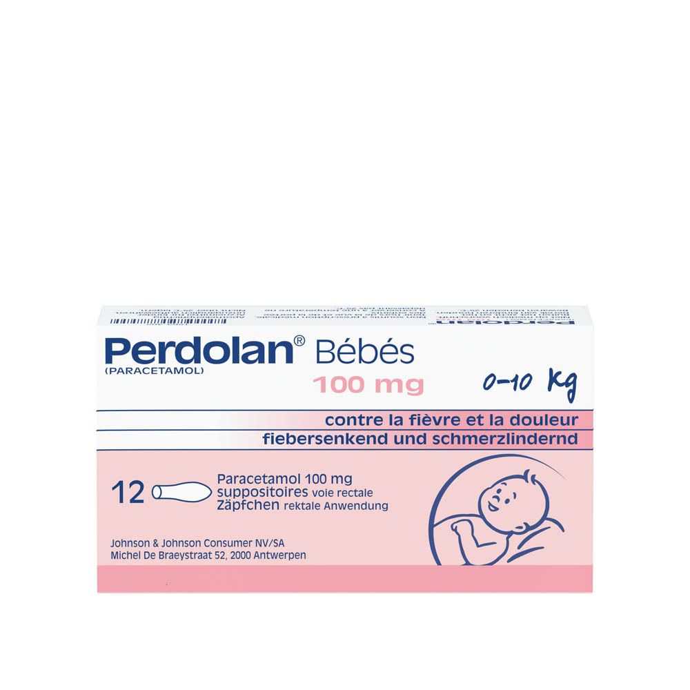 Texte sur fond rose. Informations sur les suppositoires Perdolan® Bébé (paracétamol).